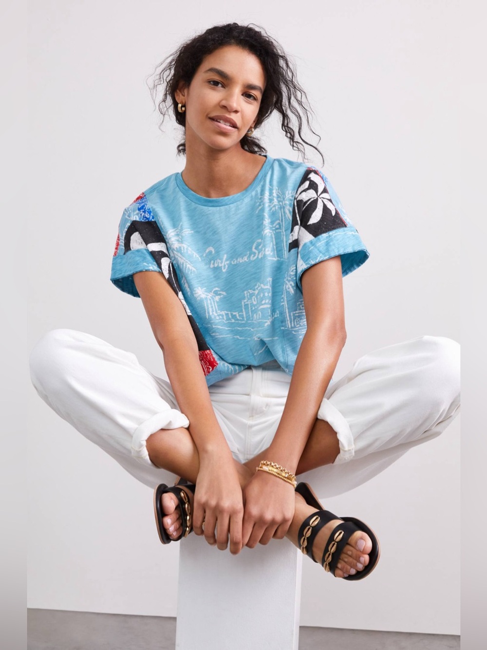 Pilcro Sky Blue Short Sleeve Tee with Tropical Panel Accents